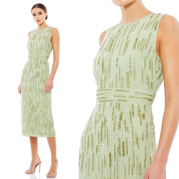 Mac Duggal Dresses & Skirts - MAC DUGGAL Dress Size 14 Cocktail Gown Sequin Green Beaded Midi Sage Green NEW